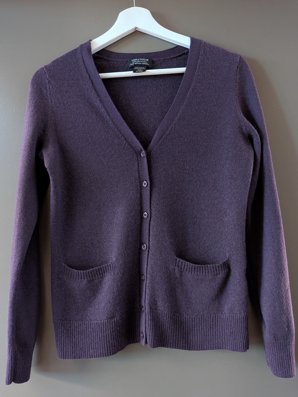 Lord & Taylor Extra Fine Merino Wool Purple Button Cardigan Sweater Fits Small